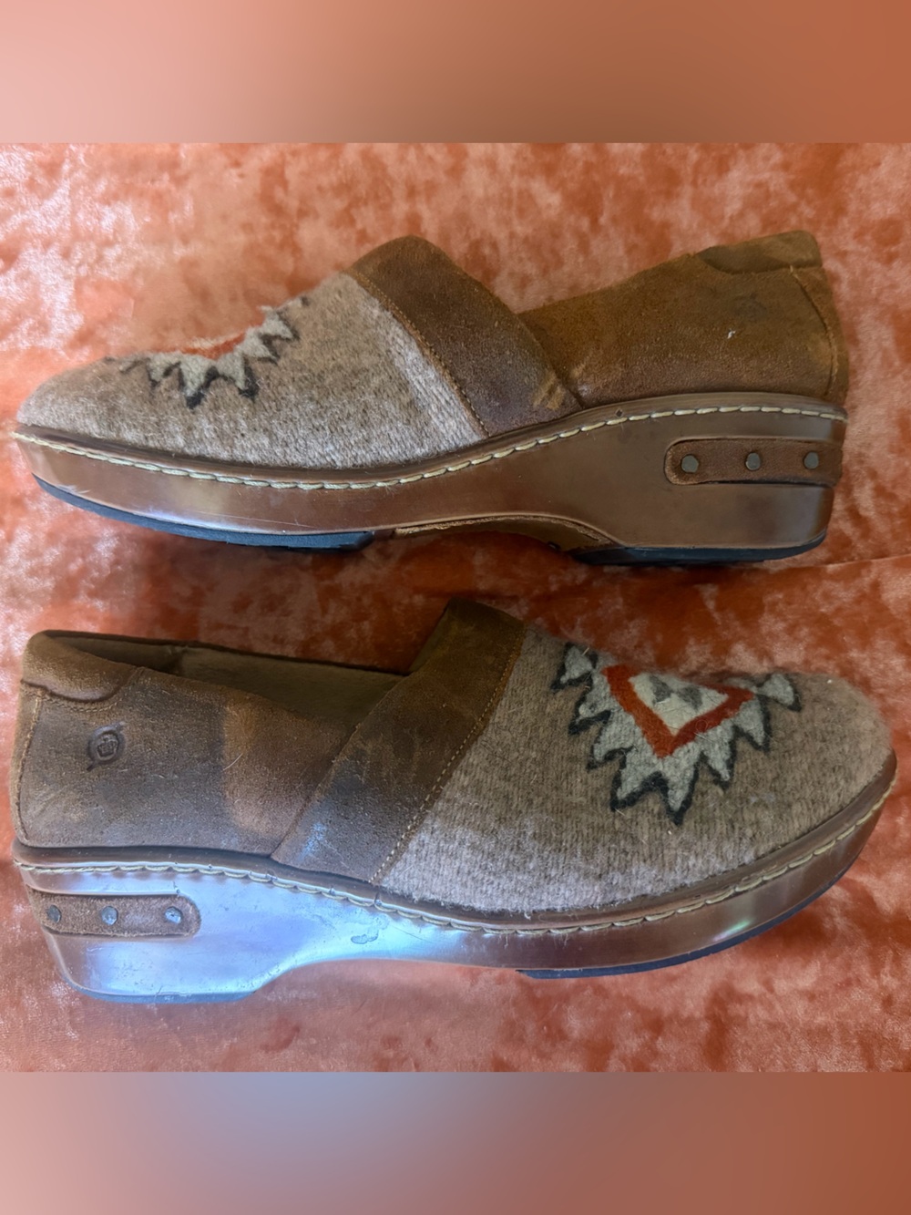 Born Tan Wool and Wood Slip-On Loafers with Aztec Pattern - Size 8 - Picture 5 of 8